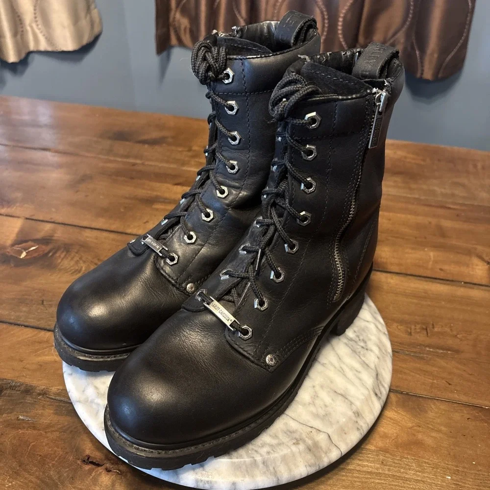 VTG Harley Davidson 91028 Black Leather Side Zip Lace Up Biker Boots Men Sz 9